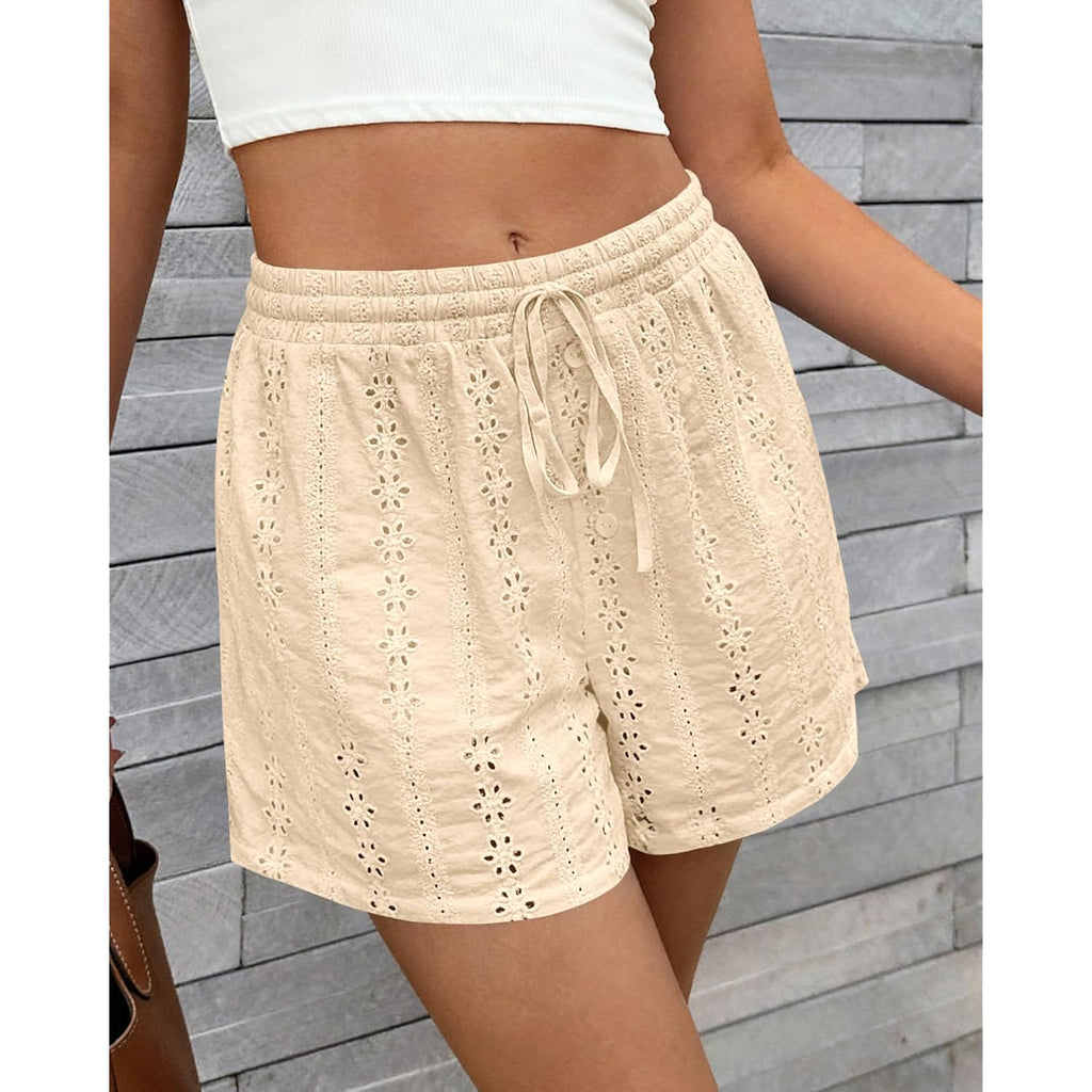 Lace Shorts for Women Summer Cute Boho Eyelet Elastic Waist Drawstring Casual Lounge Shorts Beach Vacation Outfits