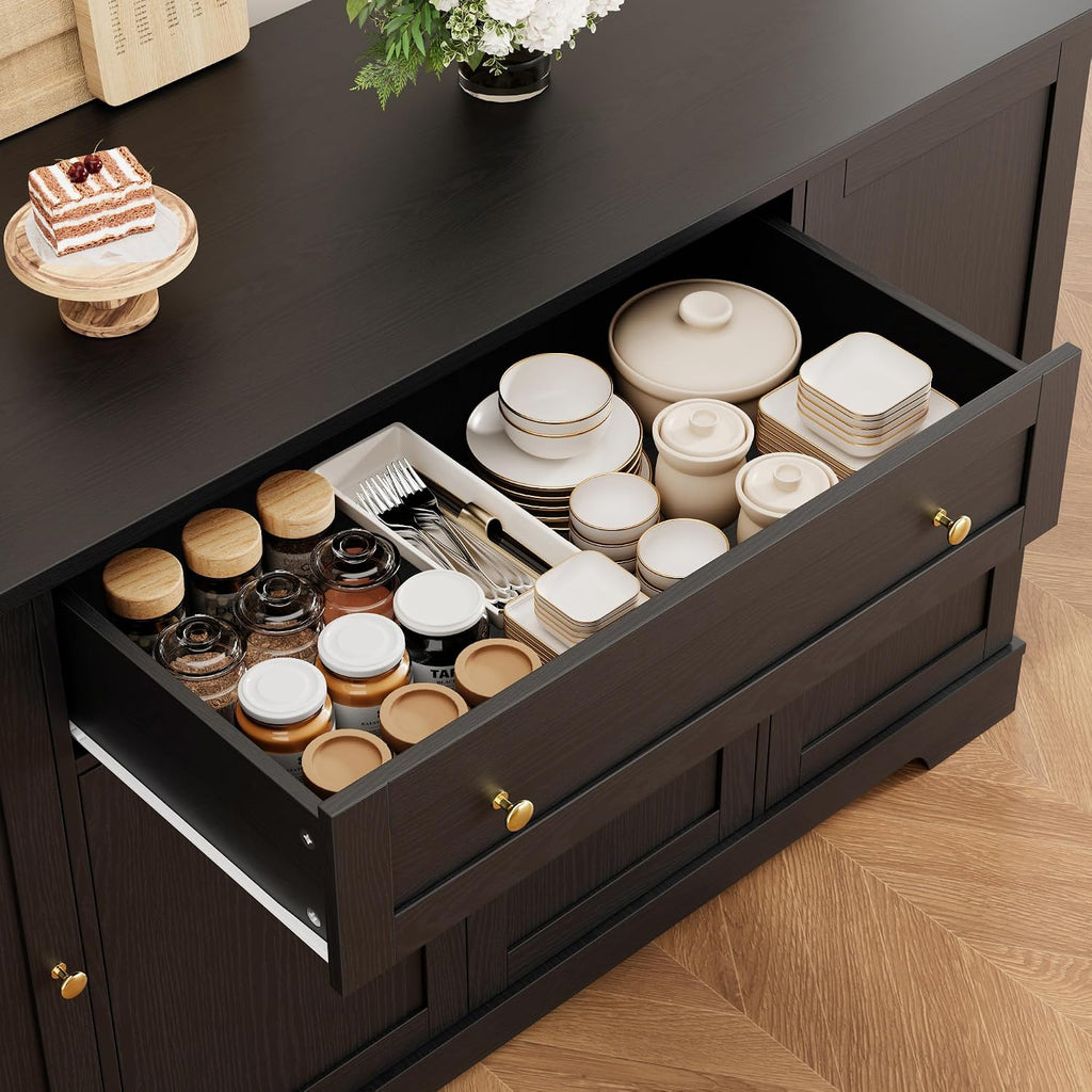 Hostack 54"W Kitchen Buffet Cabinet With Storage, Coffee Bar Cabinet, Black | Dual Swing-Out Door Racks, Large Drawer & Adjustable Shelves, Modern Sideboard Storage Cabinet For Dining Room, Living Room