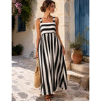 Huaqiao Womens Summer Striped Maxi Dress Sleeveless Square Neck Spaghetti Strap Flowy Beach Boho Vacation Sundress
