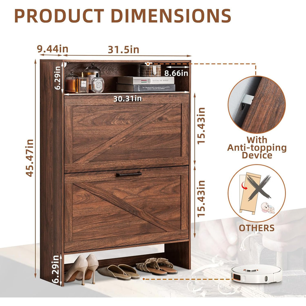 Rwyhg Shoe Cabinet Storage For Entryway With 2 Flip Drawers Open Storage Layer Rack Narrow Organizer Slim Hidden Wood Shoe Cabinet Furniture Walnut