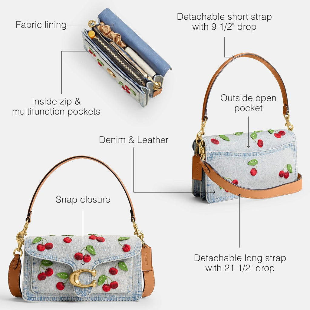 COACH Cherry Embroidered Denim Tabby Shoulder Bag 26