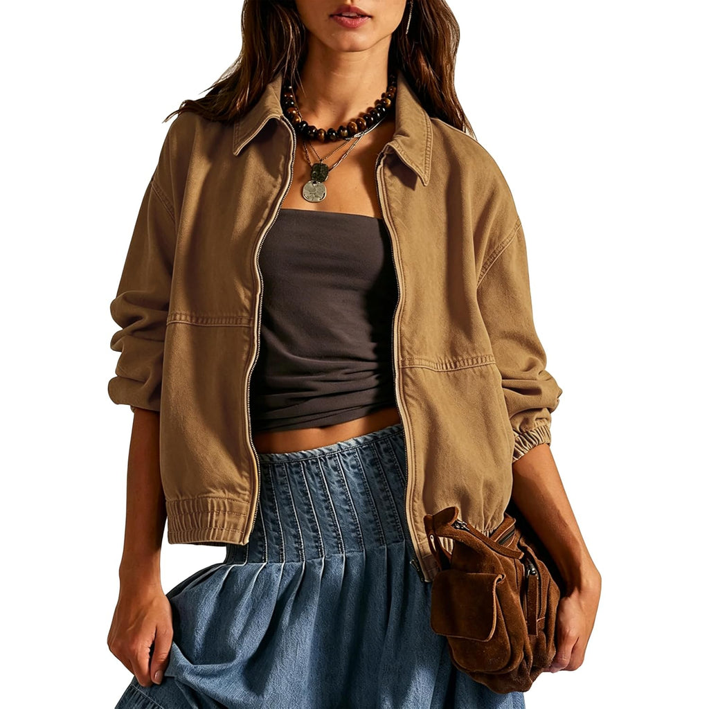 Womens Denim Jackets Long Sleeve Zip Up Elastic Hem Classic Loose Jean Bomber Jacket Outfit