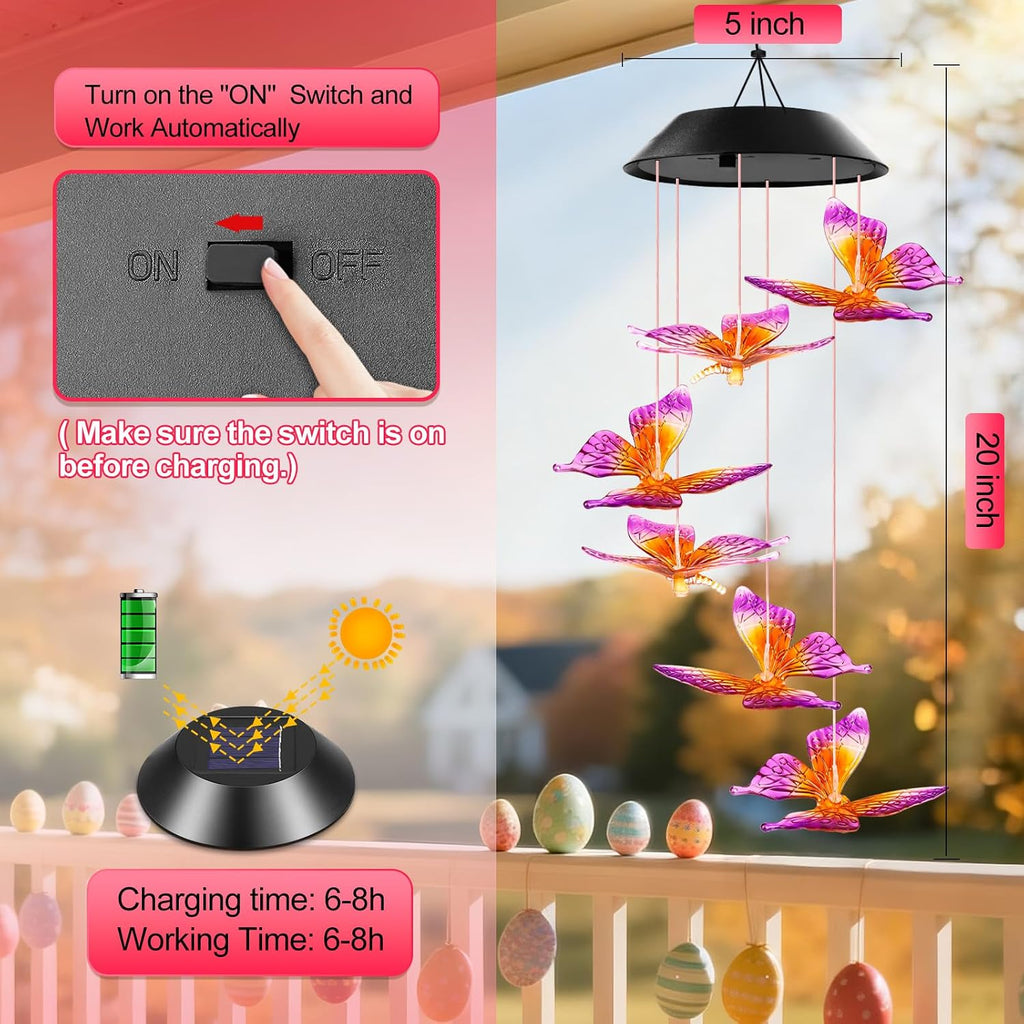 Winzwon Solar Wind Chimes, Christmas Gardening Butterfly Gifts For Women | White Elephant Birthday Gifts For Grandma Nana Wife Sister, Solar Lights Outdoor For Outside Garden Yard Patio Porch Decor