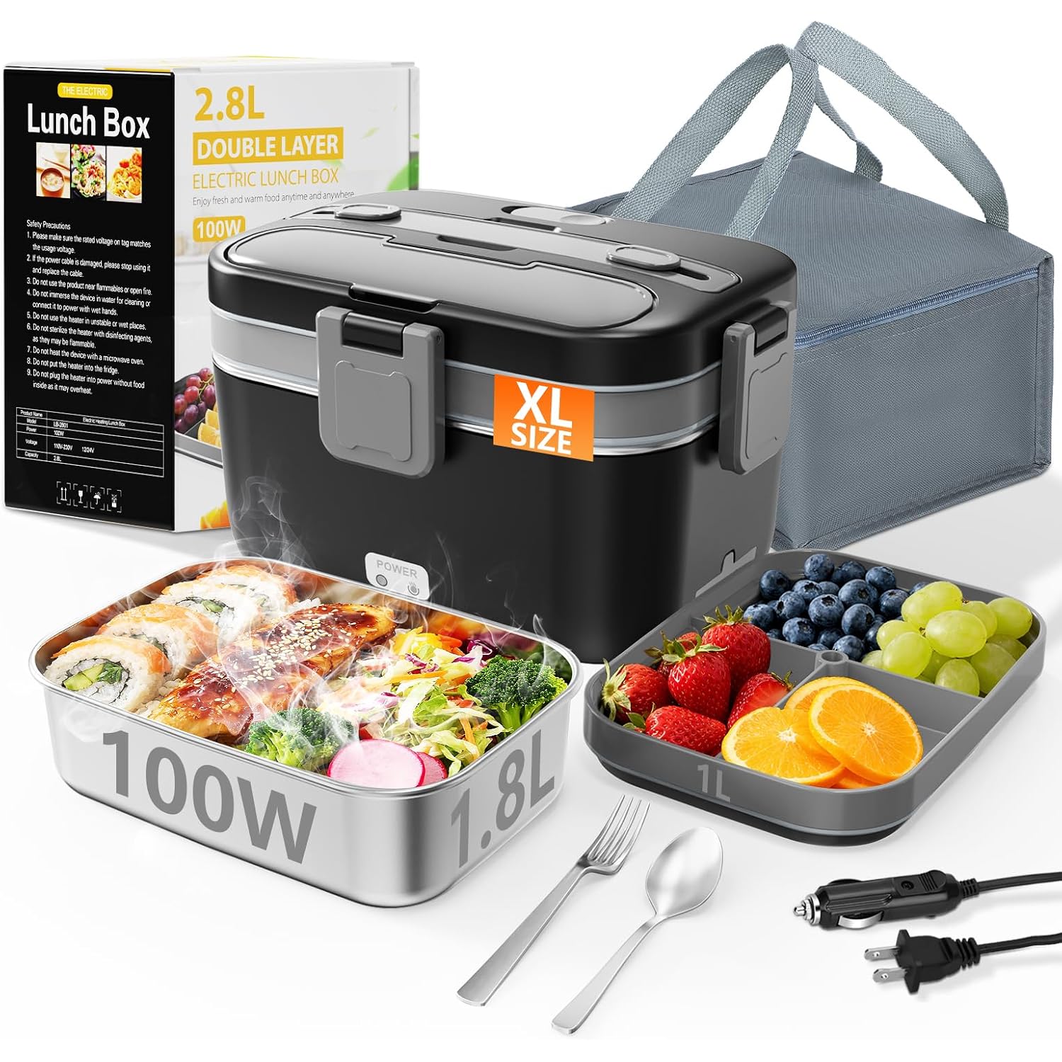Electric Lunch Box For Adults, 2.8L Double Layer 100W Fast Heated Lunch Box, Heating Food Heater Warmer For Home Office Car Truck Use, Extra Large Lonchera Electrica Portátil 12/24V/110-230V, Black