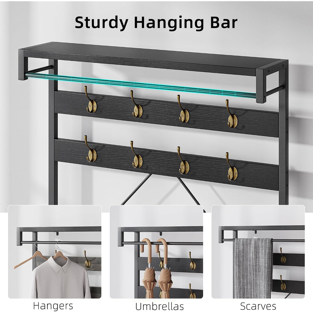 Idealhouse Industrial Hall Tree With Bench And Shoe Storage, 3-In-1 Entryway Mudroom Organizer With 8 Coat Hooks, Heavy Duty Standing Clothes Rack For Hallway, Black