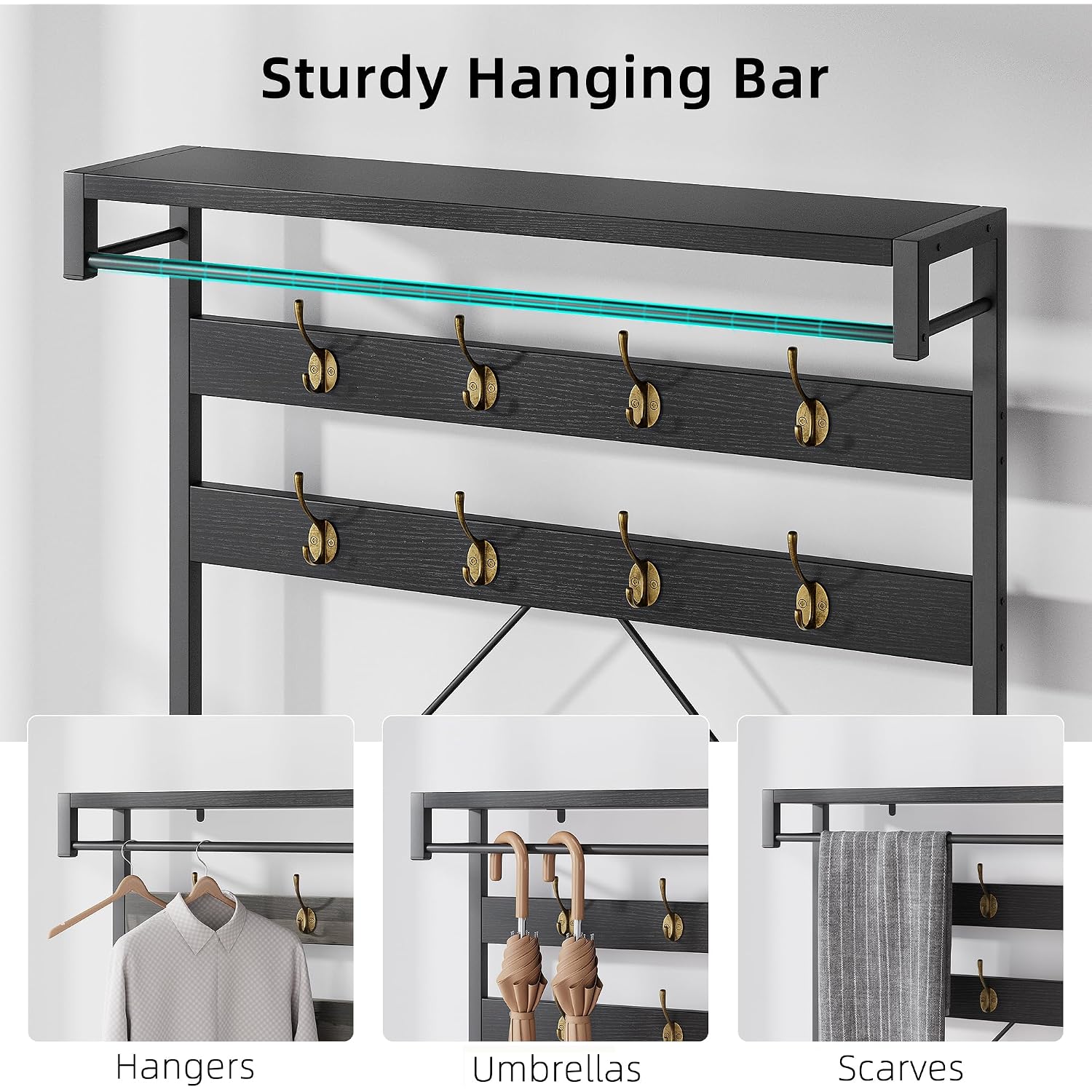 Idealhouse Industrial Hall Tree With Bench And Shoe Storage, 3-In-1 Entryway Mudroom Organizer With 8 Coat Hooks, Heavy Duty Standing Clothes Rack For Hallway, Black
