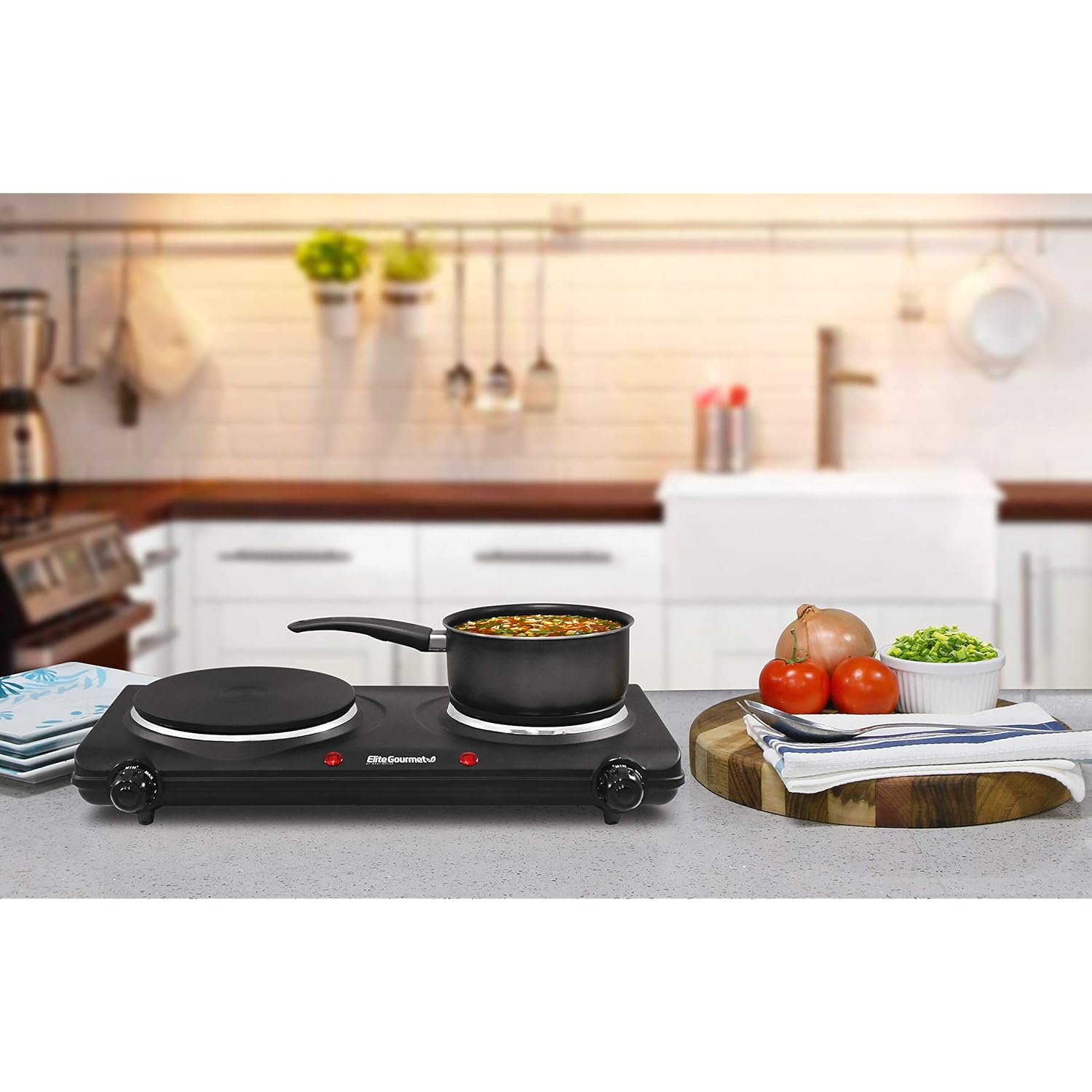 Elite Gourmet EDB-302BF Countertop Double Cast Iron Burner, 1500 Watts Electric Hot Plate, Temperature Controls, Power Indicator Lights, Easy to Clean, Black