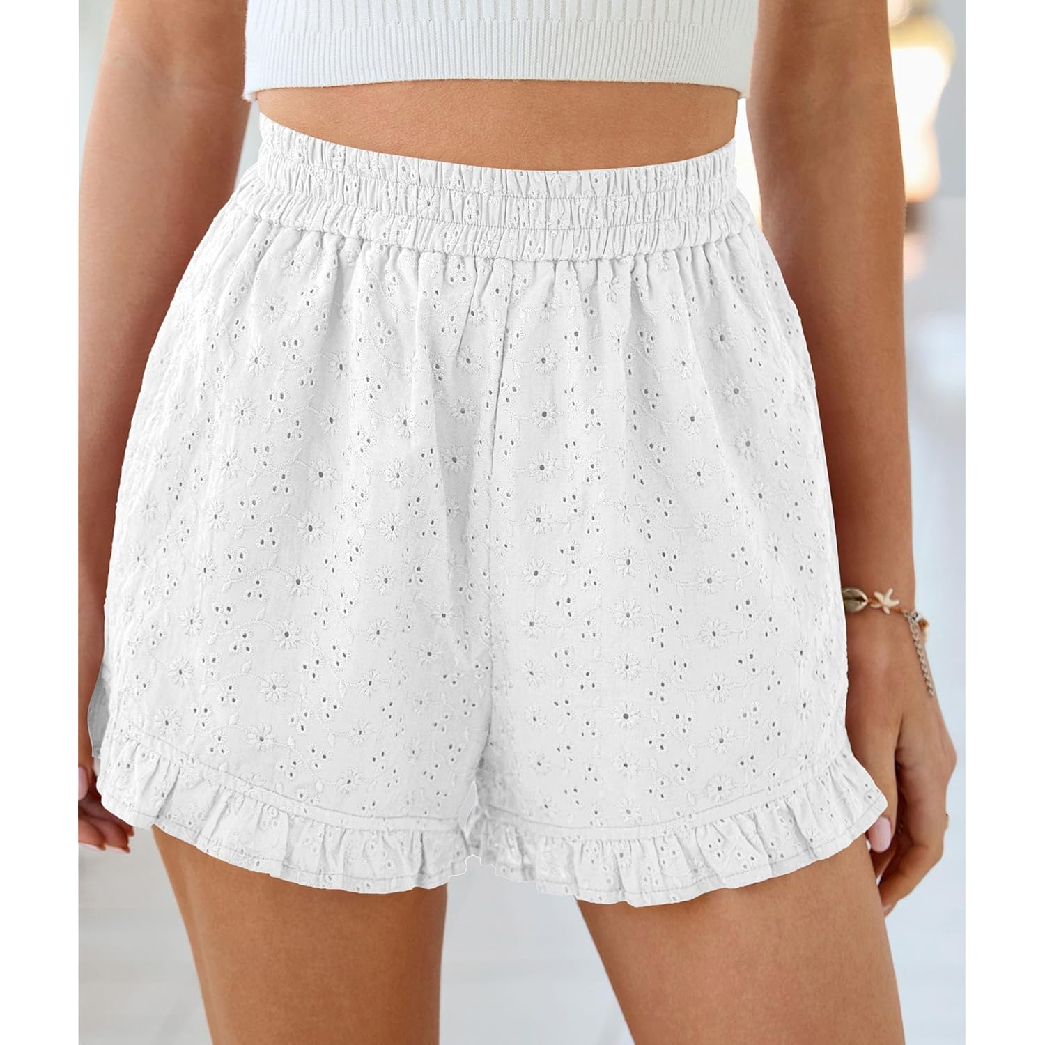 Shorts for Women Summer 2026 Beach Vacation Clothes Spring Elastic Waist Embroidered Ruffle Shorts with Pockets