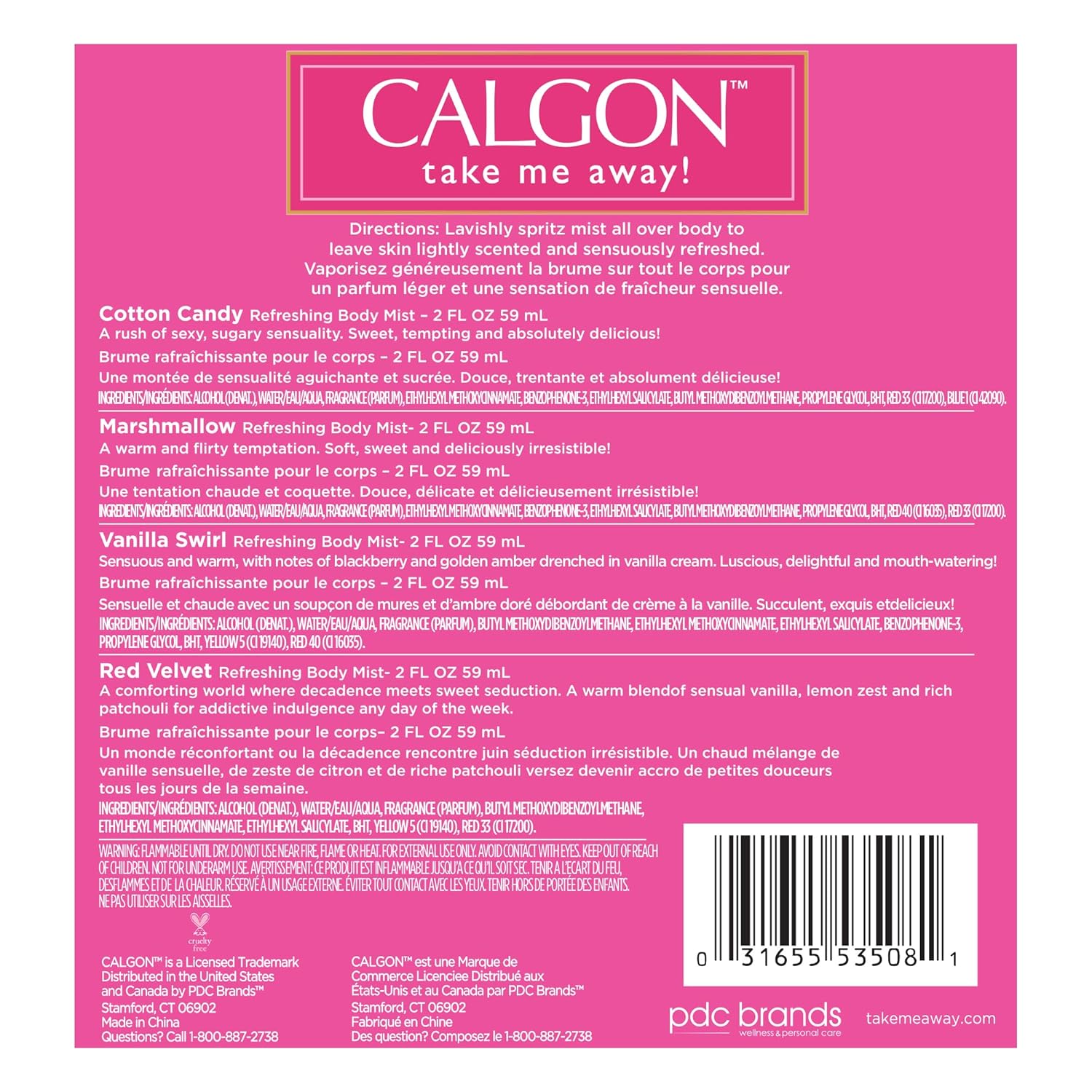 Calgon Take Me Away 4 Pc Gift Set (Refreshing Body Mist 2.0 Oz Of Cotton Candy Marsh Mallow Vanilla Swirl & Red Velvet) for Women By 2 Fl Oz