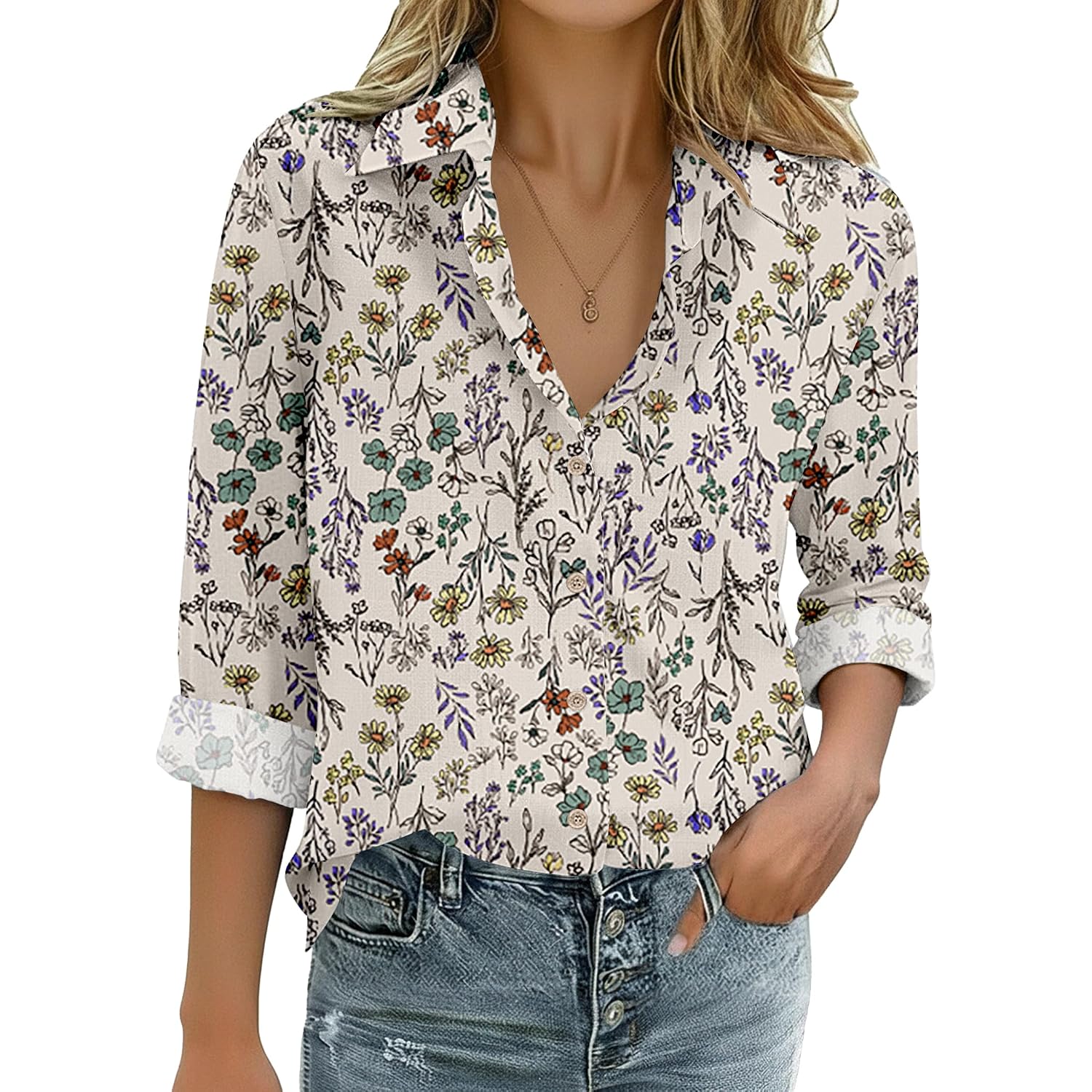 Zeagoo Womens Cotton Linen Button Down Shirts Loose Fit Long Sleeve Collared Blouse Casual V Neck Tops Outfits S-3Xl
