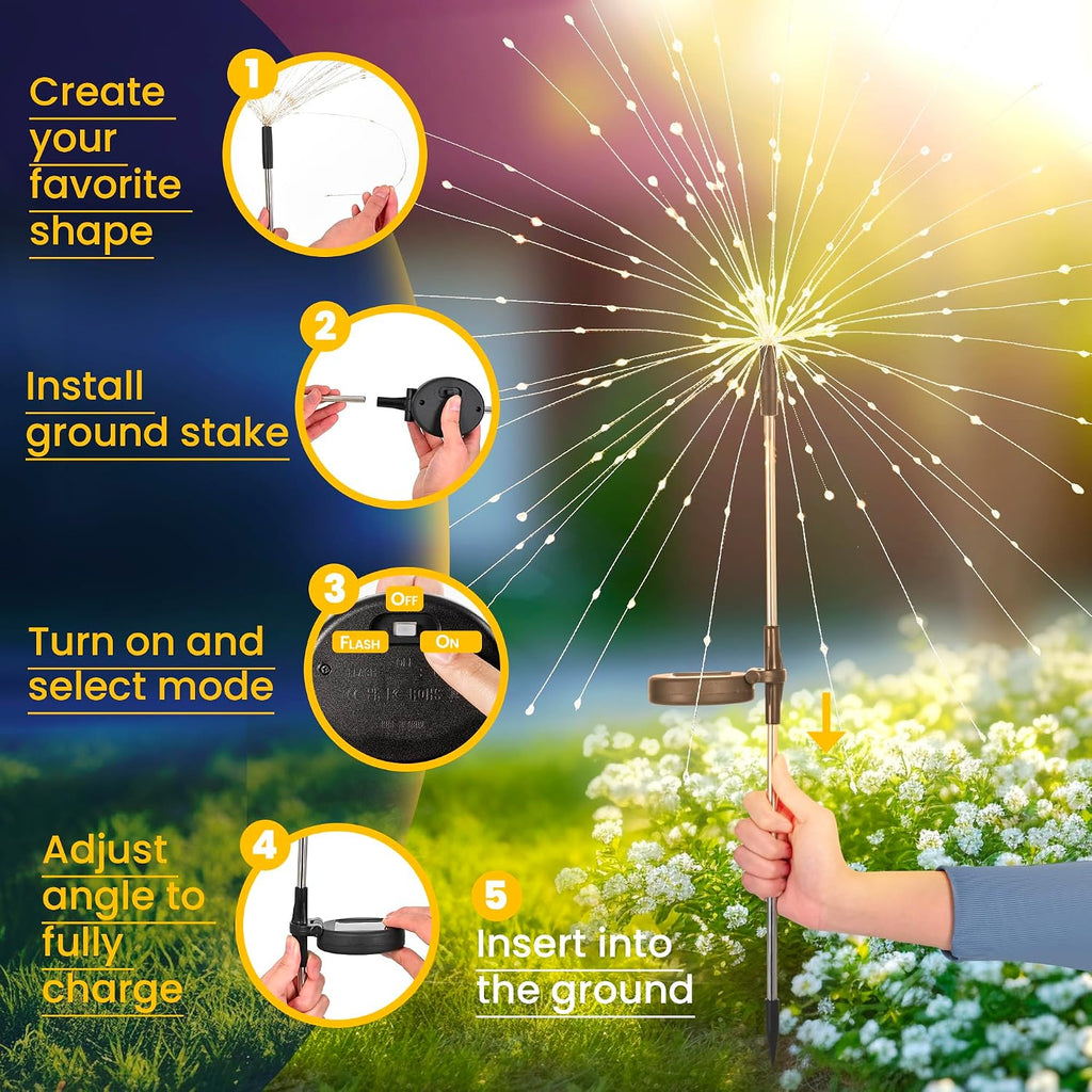 Gigalumi Garden Decor Outdoor Lights 120Led 2Pack, Solar Garden Lights Outside Fairy Firework Decorative,Solar Powered For Yard Pathway Flowerbed Planter Balcony, Gifts For Mom(Warm White