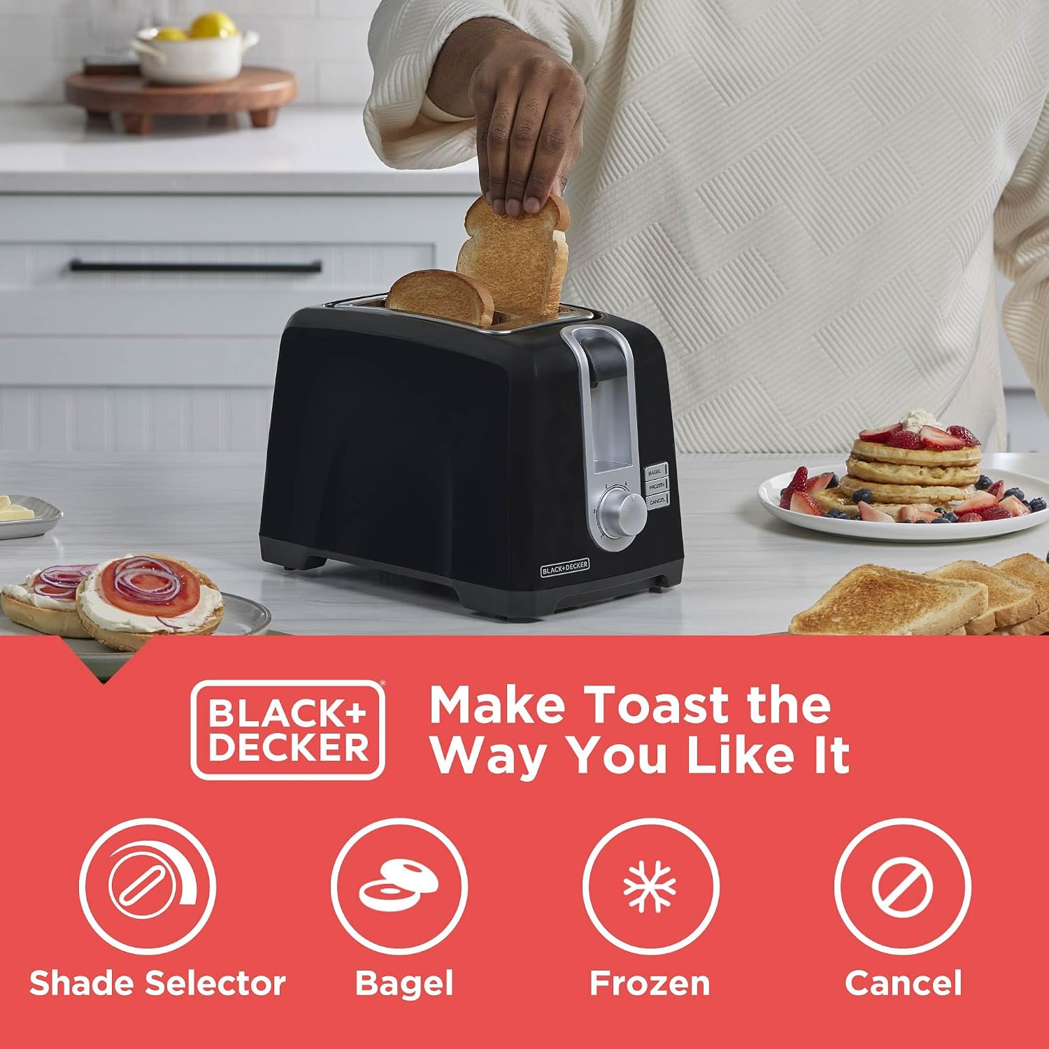 Black+Decker 2-Slice Toaster, Extra Wide Slots For Bagels & Thick Bread, 6 Browning Settings, Removable Crumb Tray, Cancel Button, 850W, Black