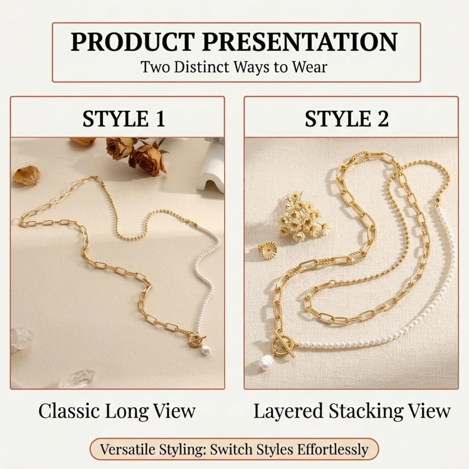 Gold Layered Pearl Chain Necklace for Women, 14K Gold Plated Pearl Link Toggle Clasp Necklace, Dainty Trendy Layered Choker Chunky Jewelry Fashion Gift for Women