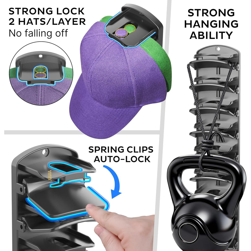 Double Capacity Hat Organizer For Baseball Caps 2 Packs - 40 Cap Storage With Spring Clips, Wall Mount Closet & Door Hat Rack Holder Hanging(Strong Adhesive & Screws) Matte Black