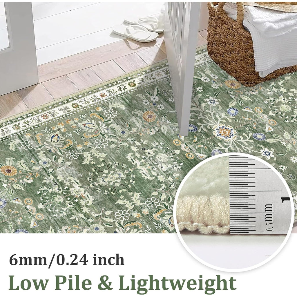 Yamaziot Washable Runner Rug 2x8 – Non Slip Boho Floral Hallway Runner Rug with Rubber Backing, Low Pile Wool Distressed Carpet for Kitchen, Laundry, Bedroom, Entrance, Mottled Green