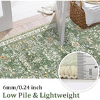 Yamaziot Washable Runner Rug 2x8 – Non Slip Boho Floral Hallway Runner Rug with Rubber Backing, Low Pile Wool Distressed Carpet for Kitchen, Laundry, Bedroom, Entrance, Mottled Green