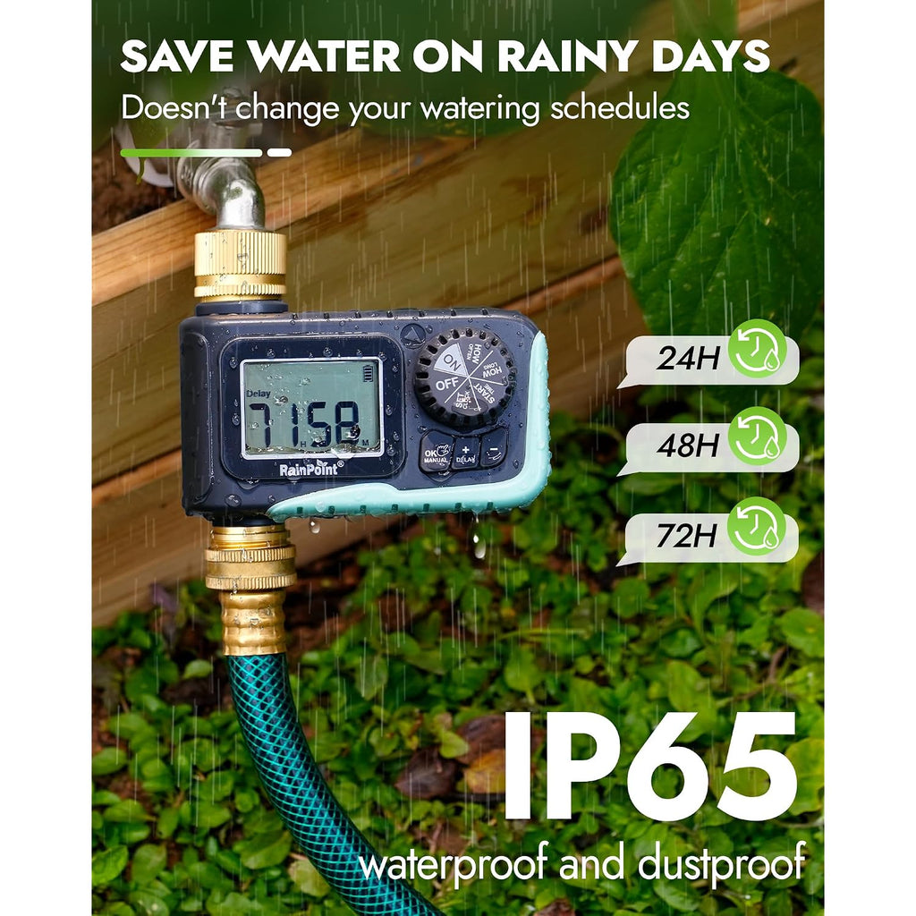 Rainpoint Sprinkler Timer With Brass Inlet & Outlet, Programmable Hose Timer For Garden Soaker Hose, Watering Timer With Rain Delay/Manual Watering System, Digital Drip Irrigation For Yard, Lawn