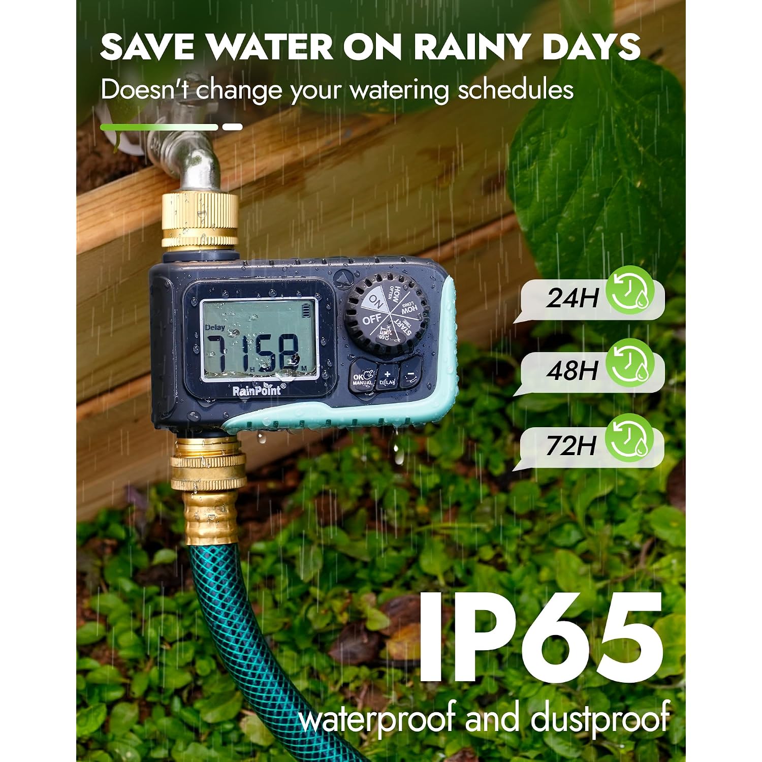 Rainpoint Sprinkler Timer With Brass Inlet & Outlet, Programmable Hose Timer For Garden Soaker Hose, Watering Timer With Rain Delay/Manual Watering System, Digital Drip Irrigation For Yard, Lawn