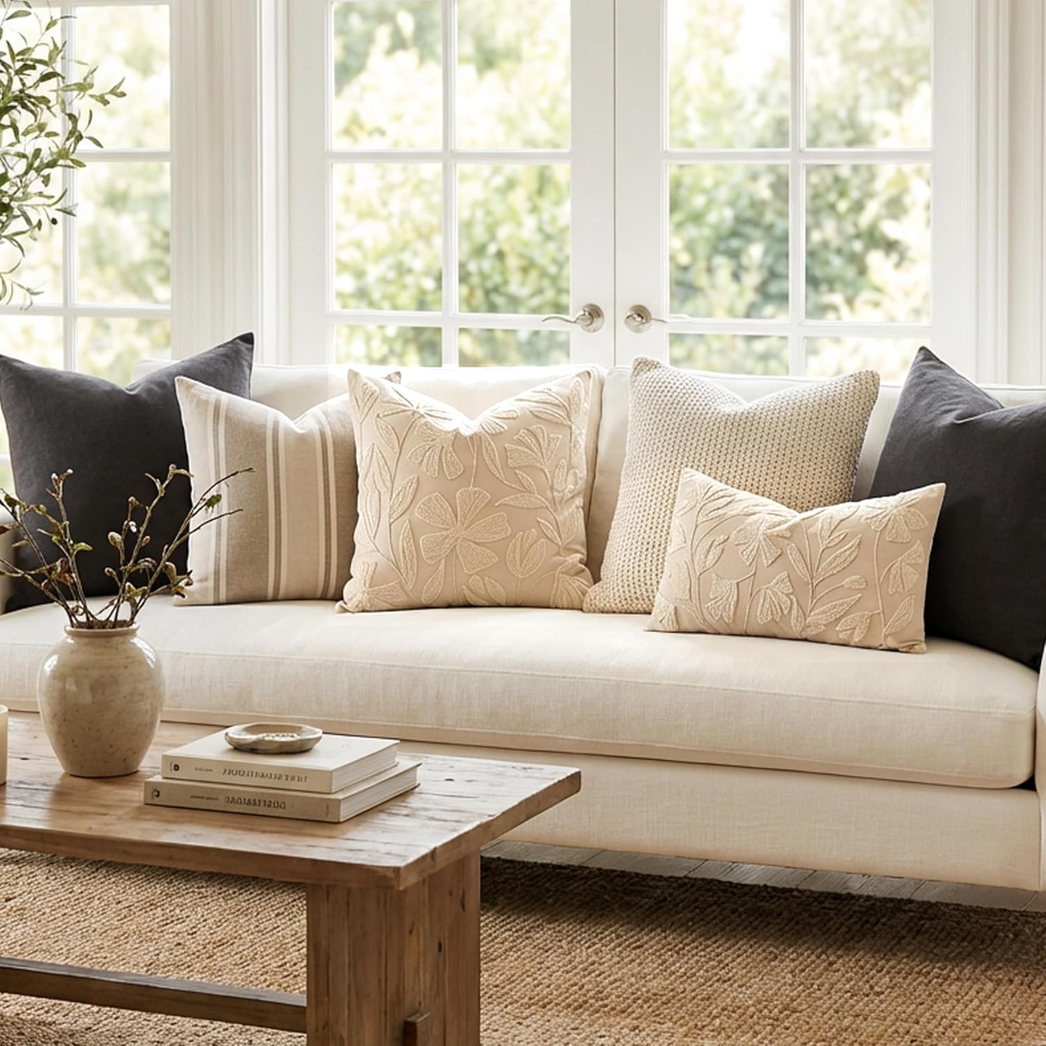 Decorative Lumbar Pillow Cover 12X20, Beige Neutral Accent Velvet Throw Pillowcase For Couch Sofa Living Room, Floral Tufted Rectangular Cushion, Cover Only