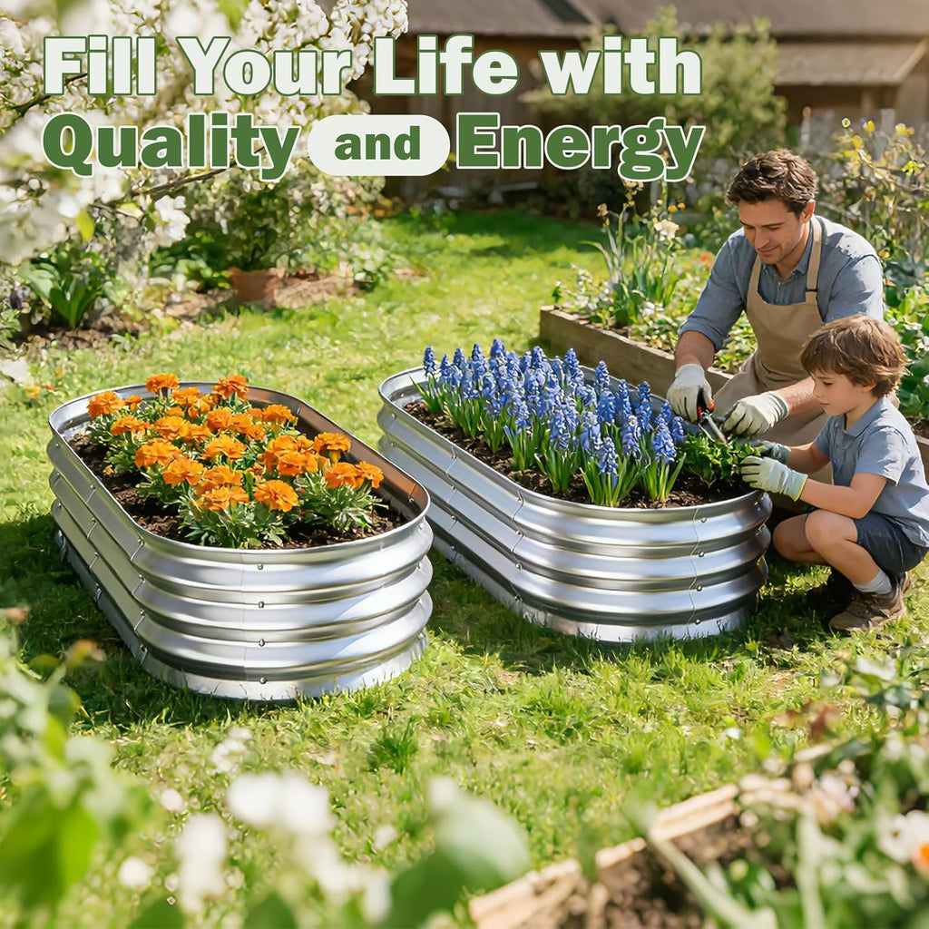 Galvanized Raised Garden Bed Outdoor, 4X2X1Ft(2Pack) Metal Heavy Duty Planter Boxes For Gardening, Easy Assemble Bottomless Small Oval Plant Container Kit For Vegetable, Flower, Fruit, Silver