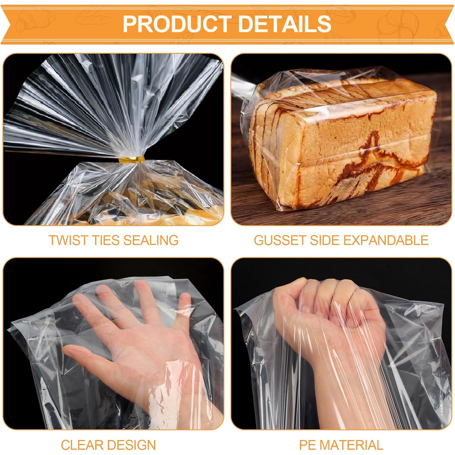 Vivinin 70 Pack Bread Bags & 100 Pack Ties, 8" X 4" X 18" Clear Bread Bags For Homemade Bread, Reusable Plastic Bread Storage Bags For Bakers, Bakery Owners