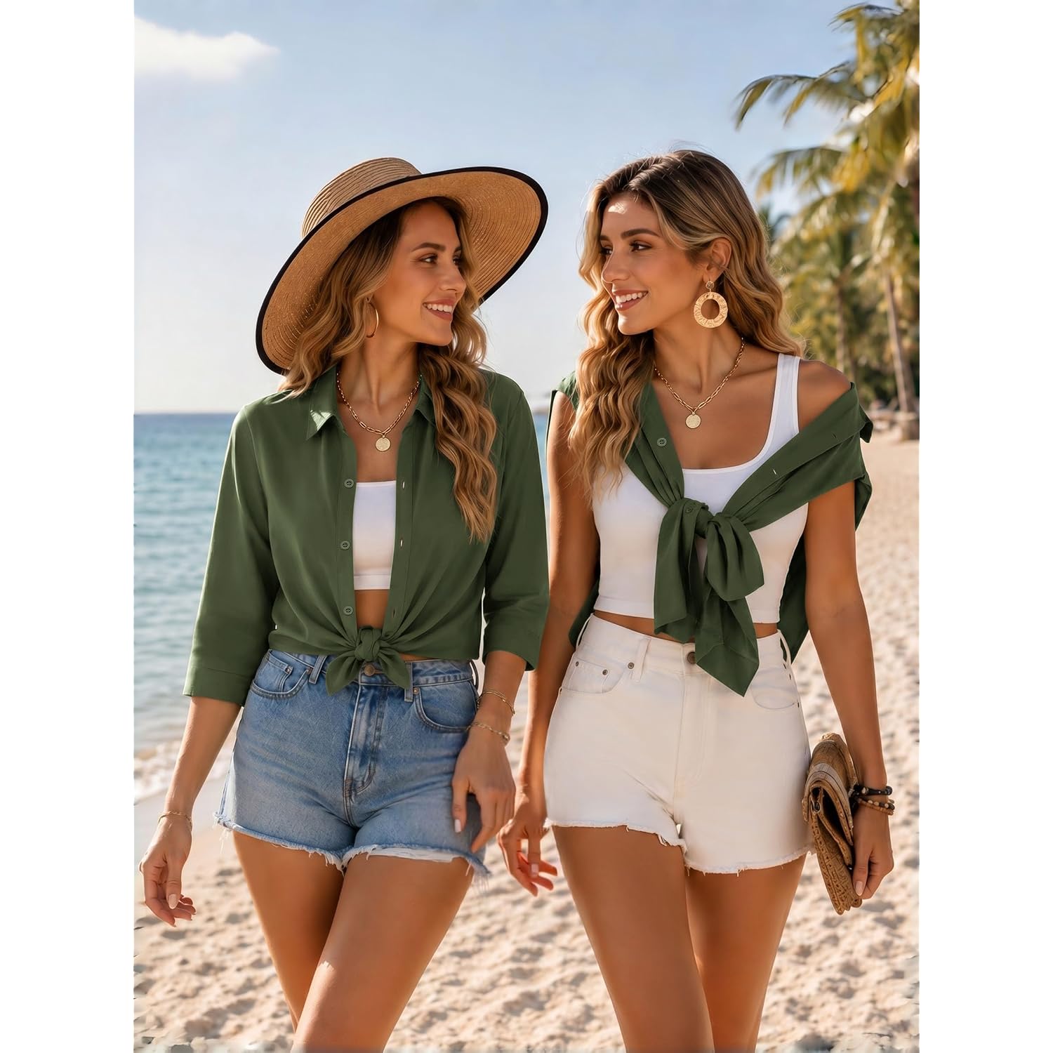 Zeagoo Button Down Shirts For Women 3/4 Length Sleeve Work Tops V Neck Shirts Dressy Casual Business Blouses With Pocket
