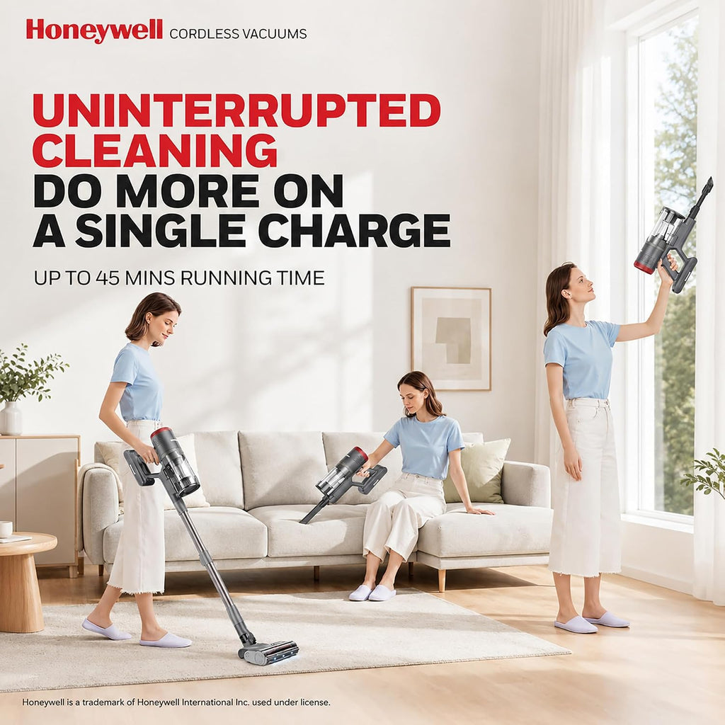 Honeywell Dual Mode Cordless Vacuum Cleaner, Brushless Stick Vacuum Cleaner For Carpet And Hard Floor W/Powerful Suction, Free‑Standing, Anti‑Tangle, 45Mins Runtime, Rechargeable For Home Pet Hair Vc6