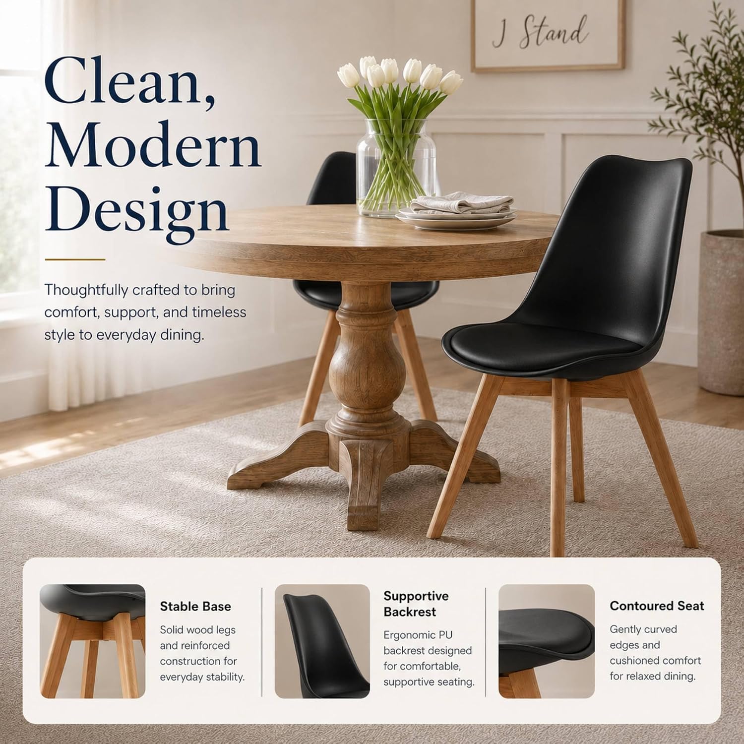 Dining Chairs Set Of 4, Modern Upholstered Dining Room Chairs With Pu Leather Padded Seat, Armless Kitchen Chairs With Curved Backrest And Solid Wood Legs For Dining Room, Kitchen, Apartment, Black