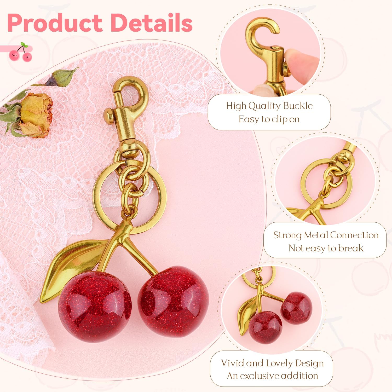 TINKRSTUFF Cherry Bag Charm Cute Key Chains Cherry Purse Charms for Handbags, Strawberry Keychain Mother's Day Gifts