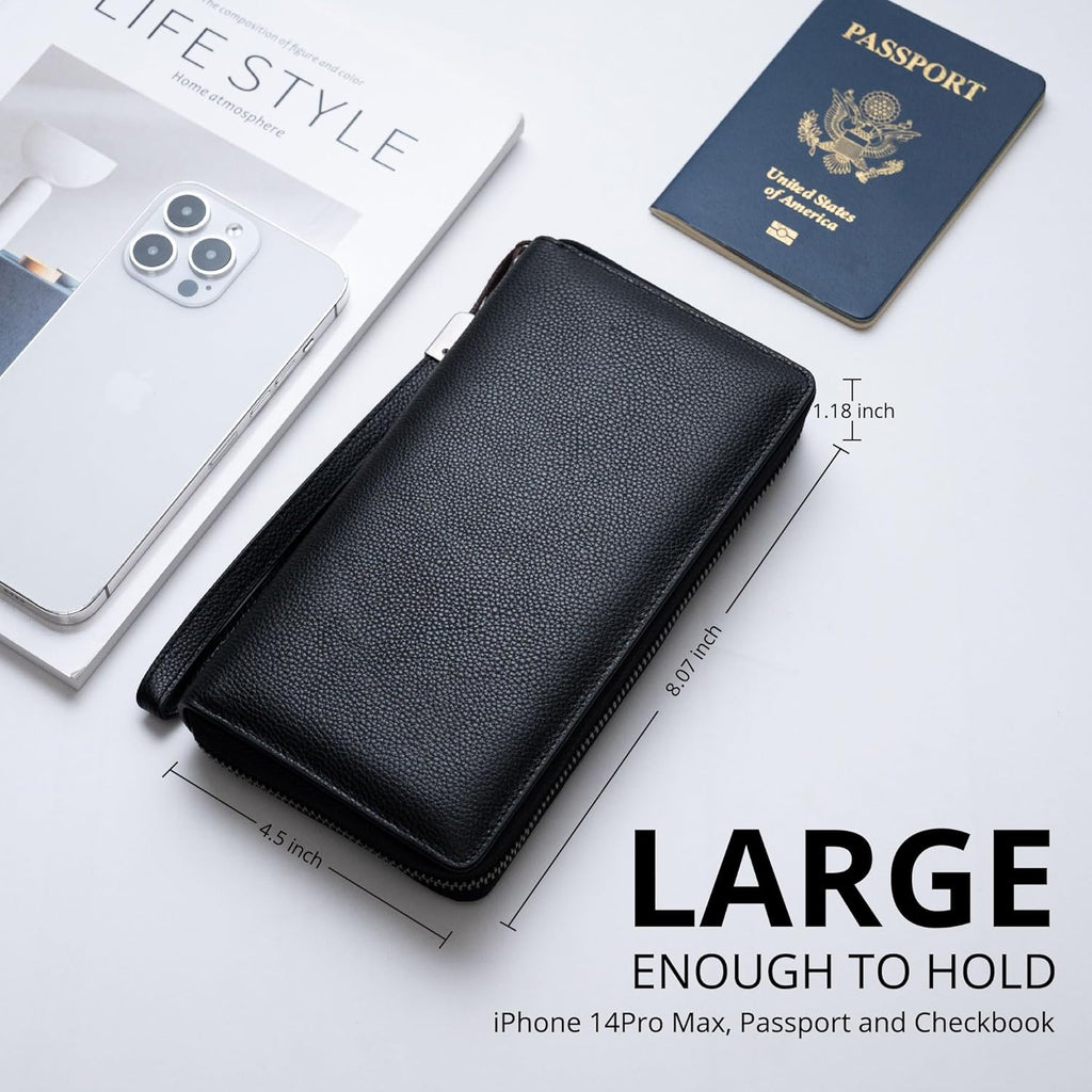 Bveyzi Women RFID Blocking Wallet Leather Zip Around Phone Clutch Large Capacity Ladies Travel Purse Wristlet | RFID Blocking, Zip Around, Large Capacity