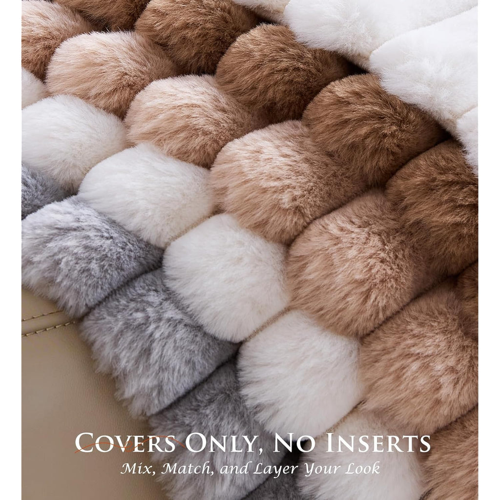 Pack of 2 Throw Pillow Covers 18x18 Decorative Solid Plush Faux Fur with Soft Velvet Back, Square Striped Cushion Cases Modern Farmhouse Home Decor for Living Room Couch Sofa Bed Cream White