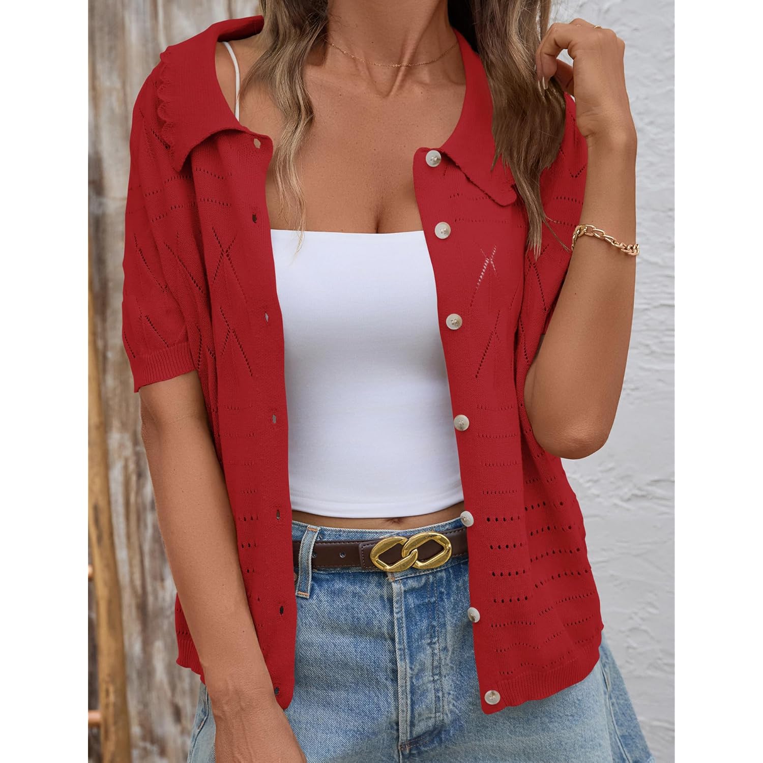Short Sleeve Button Down Shirt for Women Lapel Lightweight Collared Blouses 2026 Summer Casual Cotton Tops