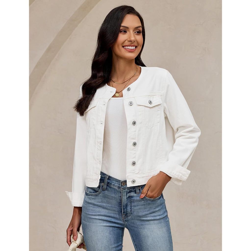 Luvamia Jean Jacket Women Trendy Collarless Button Down Long Sleeve Casual Western Denim Jacket Country Concert Outfits