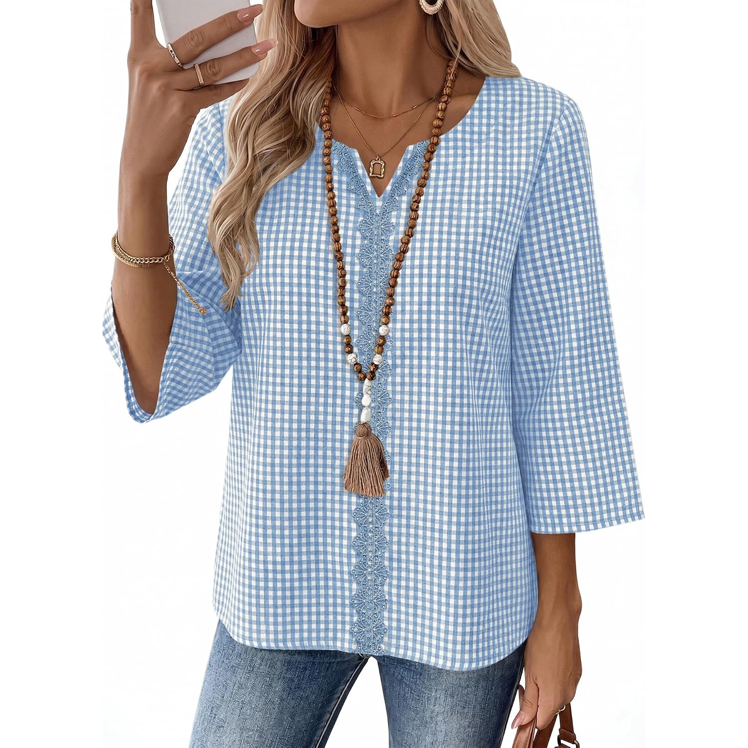 Akewei Womens 3/4 Sleeve Cotton Linen V Neck Lace Tops Casual Loose Fit Summer Fall Boho Fashion Tunic