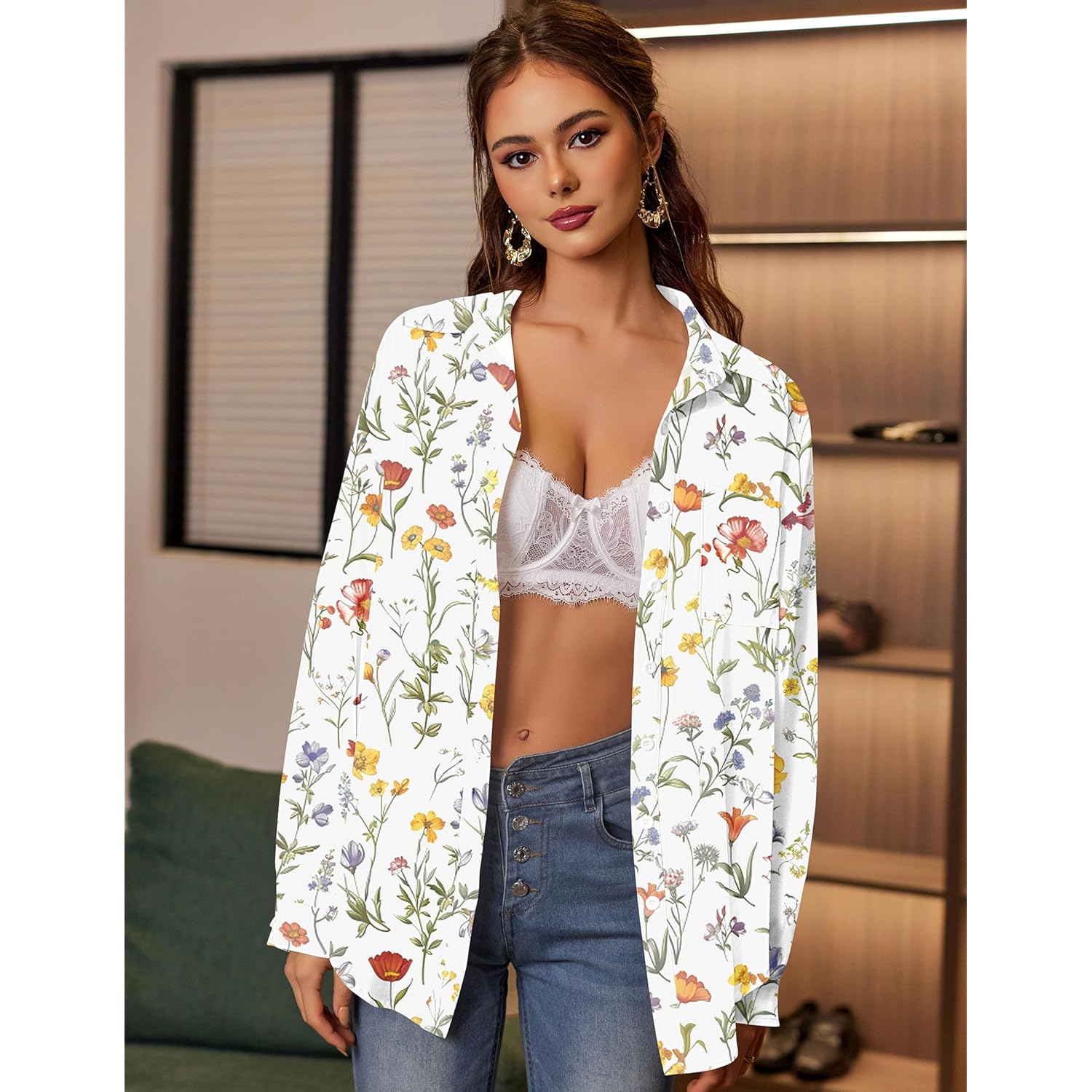 Womens Button Down Shirts Oversized Long Sleeve Floral Printed Blouses Casual Work Tops Drop Shoulder Outfit Clothes