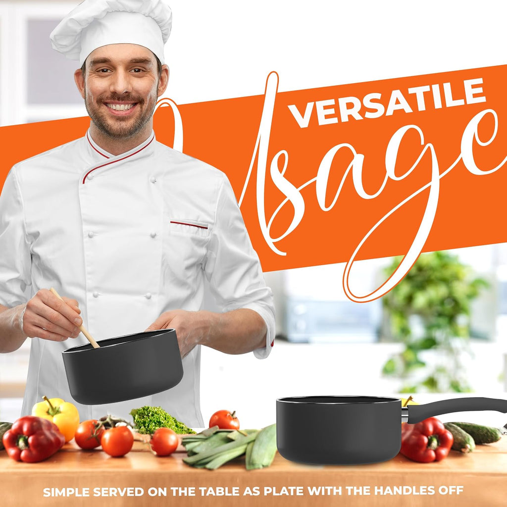 Utopia Kitchen 2 Quart Detachable Handle Nonstick Saucepan With Glass Lid, Multipurpose Use For Home, Kitchen Or Restaurant, Grey & Black