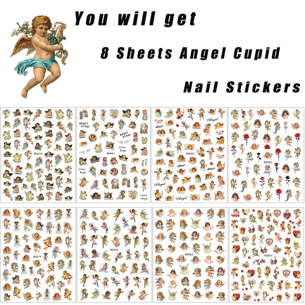 Cupid Angel Nail Art Stickers Cupid Nail Decals 8 Sheets 3D Self Adhesive Angel Design Nail Stickers Valentine's Day Nail Stickers Nail Charms Supplies Decoration for Women Acrylic DIY Manicure Tips