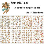 Cupid Angel Nail Art Stickers Cupid Nail Decals 8 Sheets 3D Self Adhesive Angel Design Nail Stickers Valentine's Day Nail Stickers Nail Charms Supplies Decoration for Women Acrylic DIY Manicure Tips
