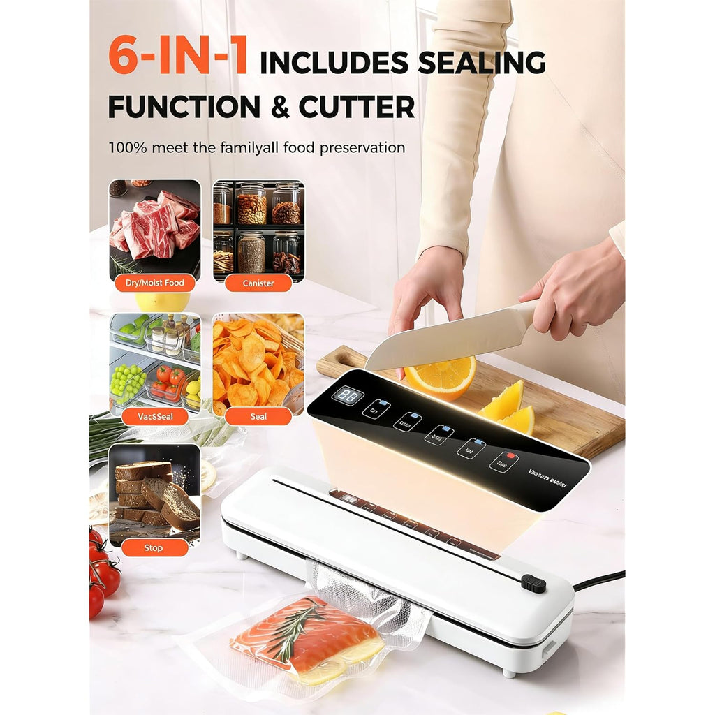 Vacuum Sealer Machine 75Kpa Food With 6-In-1 Dry/Moist Modes & Digital Timer, Compact Lightweight Design, Built-In Cutter + 10 Bags (White)