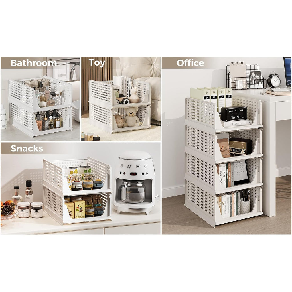 6 Pack Closet Organizers Storage Bins, Stackable Plastic Drawer Basket For Clothing, Stackable Storage Bins Shelf Storage Container For Closet Wardrobe Bedroom Bathroom Office White