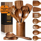 Mooues 9 Piece Natural Teak Wooden Kitchen Utensil Set With Spoon Rest - Comfort Grip Cooking Spoons And Utensils Holder
