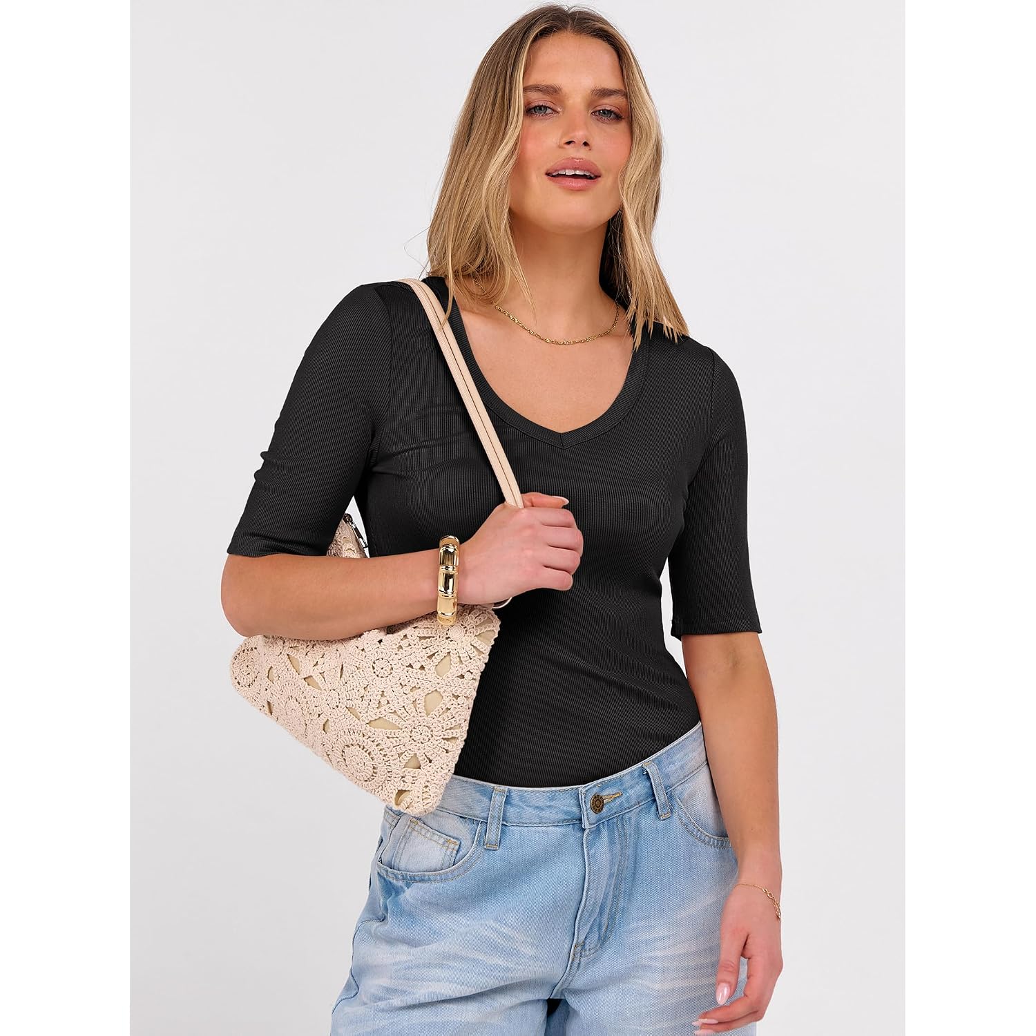 ANRABESS Womens Half Sleeve Tops V Neck Ribbed Knit Slim Fit Basic T Shirts 2026 Summer Casual Tees Spring Trendy Clothes