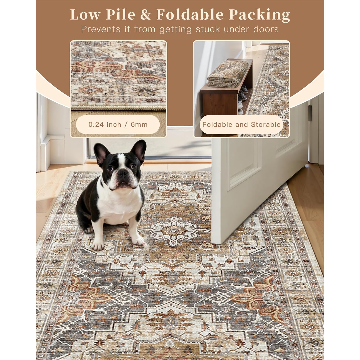 Madane Runner Rug 2x8, Washable Hallway Runner Rugs, Non-Slip Low-Pile Soft Kitchen Rug Runner Laundry Room Rug, Vintage Throw Entry Foyer Mat for Entrance Living Room (Turmeric/Grey, 2 x 8)