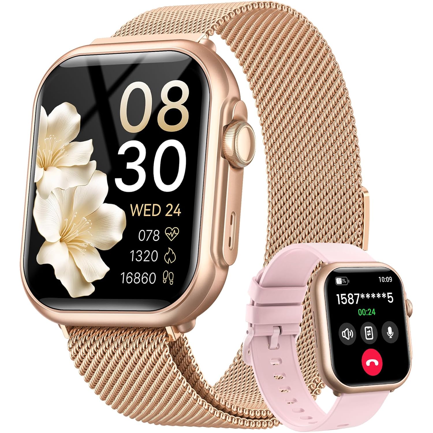 Smart Watch for Women for iPhone Android: 1.85"Smartwatch with Make/Answer Call Sleep Heart Rate SpO2 Blood Pressure Monitor IP68 Waterproof 120+Sport Mode Fitness Tracker 1000mAh Battery 2Bands Pink