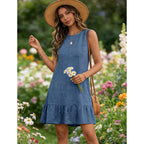 Halife Womens Casual Summer Dresses Tie Back Crew Neck Sleeveless Tank Mini Dress Ruffle Hem Flowy Beach Sundresses