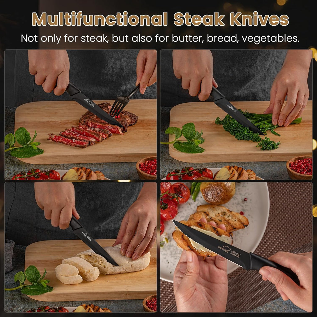 Amorston Steak Knives, Steak Knives Set of 8, Stainless Steel Steak Knife Set, Serrated Knives Dishwasher Safe, Elegant Black Mothers Day Gifts for Women