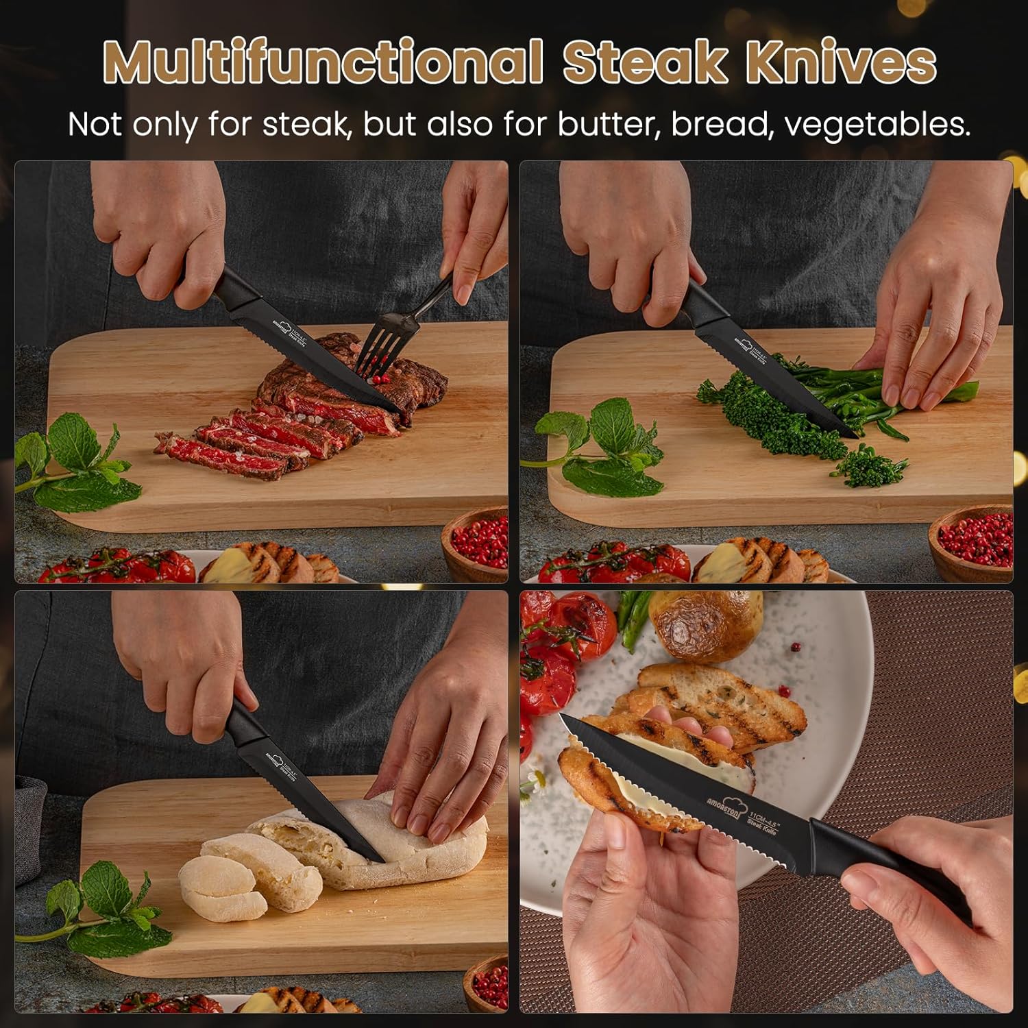 Amorston Steak Knives, Steak Knives Set of 8, Stainless Steel Steak Knife Set, Serrated Knives Dishwasher Safe, Elegant Black Mothers Day Gifts for Women