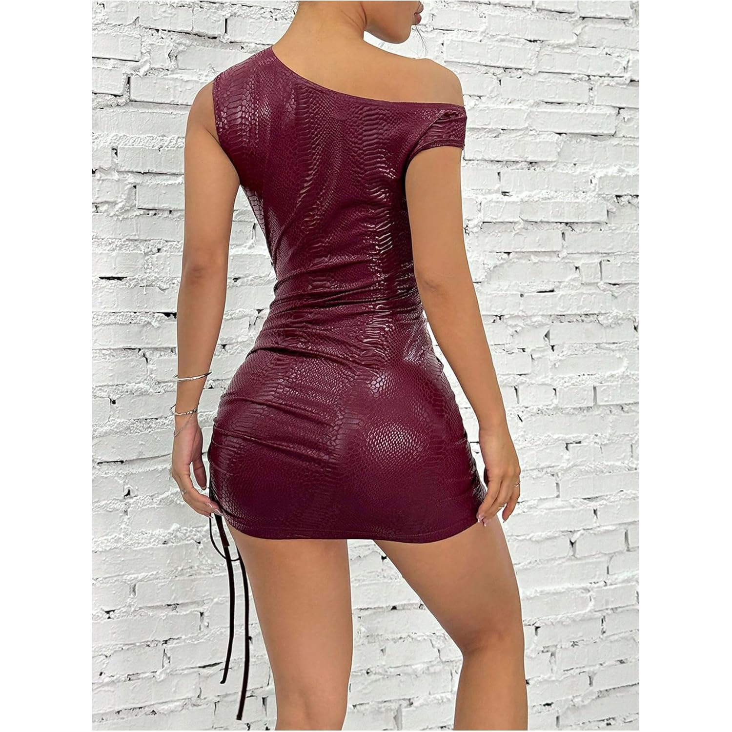 Women's Off Shoulder Pu Leather Mini Dress Sexy Drawstring Ruched Party Club Short Dresses