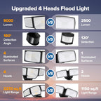 Lutec 80W 9000Lm Led Security Light Hardwire Motion Sensor Outdoor Lights, 4 Head Led Flood Lights Outdoor 5000K Daylight, Ip65 Waterproof, Motion Detected Lights For Outside, Garage, Yard (Black)