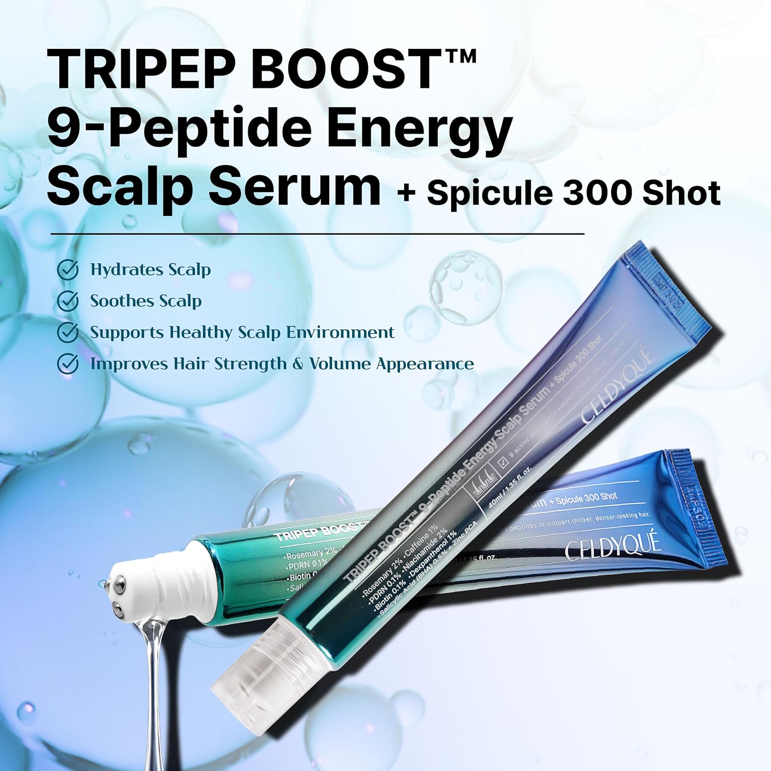9-Peptide Hair Growth Scalp Care Serum 1.35 Oz(2X Size) - Rosemary 2% Caffeine 1% Pdrn & Spicule 300 Roll-On Type | Thicker Fuller-Looking Hair W/Niacinamide Zinc Pca | Thinning Hair Korean Haircare